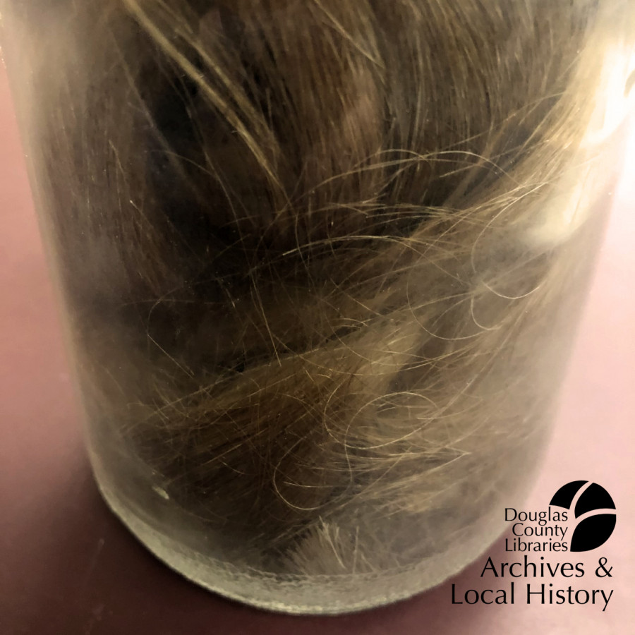 Two images show a jar filled with braided hair. The hair is a dark blonde color.